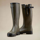 Front and rear view of the Men's Le Chameau Vierzon Jersey wellington boots in Vert Chameau, showcasing the tall profile and adjustable calf gusset.