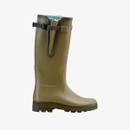 Side profile of a Le Chameau green Wellington boot with adjustable gusset and rugged tread sole on a white background.