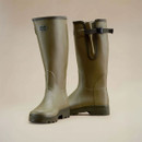 Front and rear view of Le Chameau green Wellington boots with adjustable gusset and rugged outdoor soles.