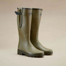Le Chameau green Wellington boots with tall rubber uppers, adjustable waterproof gussets and rugged tread soles.