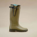Side view of a Le Chameau green Wellington boot highlighting the adjustable waterproof gusset and buckle fastening.
