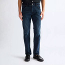 Front view of Wrangler Greensboro slim straight-fit dark blue denim jeans on a male model, showcasing the classic five-pocket design, straight-leg silhouette and subtle faded finish.