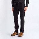 Front view of Wrangler Greensboro slim straight-fit black denim jeans on a male model, highlighting the classic five-pocket design, straight-leg silhouette and clean black finish.