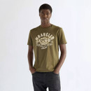 Front view of a Wrangler short-sleeve crew neck T-shirt in Olive Night, featuring a vintage Americana graphic with a classic muscle car, Wrangler logo, and garage-inspired typography across the chest.