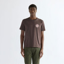 Front view of a Wrangler short-sleeve crew neck T-shirt in Choc Torte, featuring a small vintage-inspired Wrangler badge graphic on the left chest for a clean, understated heritage look.