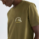 Close-up of the left chest graphic, highlighting the vintage-style "Denim Club Since 1947" print with Wrangler branding and the signature bucking horse motif on soft Olive Night fabric.