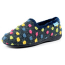 Left side angled view of the dark grey felt slipper with colourful polka dots, soft fleece lining and flexible black rubber sole.