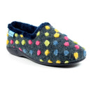 Right front three-quarter view of the cosy women's felt slipper featuring colourful raised polka dots, plush fleece lining and durable slip-resistant sole.