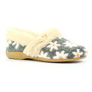 Angled side view of the cosy grey slipper showcasing the white daisy print, soft faux fur collar and supportive slip-on design.