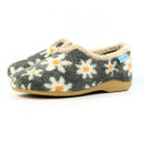 Pair of women's grey daisy print slippers with soft cream faux fur lining, rounded toes and durable tan soles.