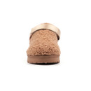 Front view of the women's camel teddy fleece clog highlighting the rounded toe, textured fleece upper and sturdy cushioned outsole.