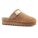 Side profile of a women's camel teddy fleece clog with adjustable heel strap, soft textured upper and durable chunky non-slip sole.