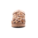 Front view of the women's leopard print teddy fleece clog featuring a rounded toe, plush textured upper and durable chunky sole.