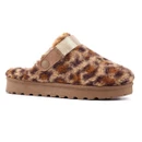 Side profile of a women's leopard print teddy fleece clog with an adjustable heel strap, cosy faux fur lining and chunky non-slip sole.