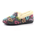 Angled view of a women's grey heart print slipper showcasing the cosy faux fur lining, closed-toe design and cushioned sole.