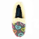 Top-down view of a women's grey slipper highlighting the soft faux fur lining, colourful heart print and comfortable foot opening.