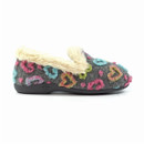 Side profile of a women's grey slipper with colourful heart pattern, soft faux fur trim and durable lightweight sole.