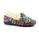 Women's grey slipper featuring a colourful heart print, plush faux fur collar and lightweight cushioned sole.