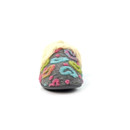 Front view of a women's grey slipper with multicoloured heart print, rounded closed toe and plush faux fur trim.