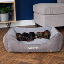 Five sleeping puppies resting side by side in a grey Scruffs Thermal Box Bed on a wooden floor.