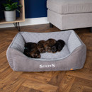Five sleeping puppies cuddled together in a grey Scruffs Thermal Box Bed with soft quilted thermal lining.