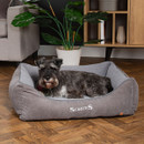 Grey Schnauzer lying comfortably in a grey Scruffs Thermal Box Bed with quilted lining in a living room.
