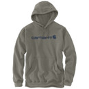 Front product view of a grey-green Carhartt pullover hoodie with navy logo graphic, drawstring hood, kangaroo pocket and ribbed trims.