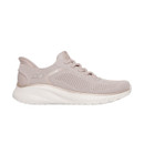 Side profile of the natural beige Skechers BOBS Squad Slip-ins trainer with metallic side logo, knitted upper, metallic trim and white cushioned sole.