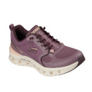 Plum Skechers Glide-Step trainer with breathable mesh panels, toggle-style lacing and a chunky cream cushioned sole, shown from a front three-quarter angle.