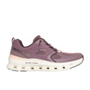 Side profile featuring Skechers branding, plum mesh and synthetic overlays, toggle lacing and the chunky cream Glide-Step sole.