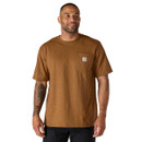 Brown Carhartt short-sleeve crew-neck T-shirt worn by a model, featuring a chest pocket with signature logo patch.