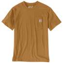 Brown Carhartt short-sleeve crew-neck T-shirt with chest pocket and logo patch displayed on a white background.