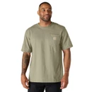 Green Carhartt short-sleeve crew-neck T-shirt worn by a model, featuring a chest pocket with signature logo patch.