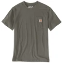 Dark grey-green Carhartt short-sleeve crew-neck T-shirt with chest pocket and logo patch displayed on a white background.