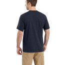 Rear view of a navy Carhartt short-sleeve T-shirt worn by a model, showing the plain back and relaxed fit.