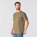 Brown Carhartt short-sleeve T-shirt worn by a model, showing the chest pocket, eagle graphic and relaxed fit.