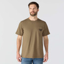 Brown Carhartt short-sleeve crew-neck T-shirt worn by a model, featuring a chest pocket with small eagle graphic.