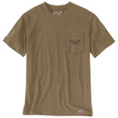 Brown Carhartt short-sleeve crew-neck T-shirt with chest pocket and small eagle graphic, displayed on a white background.