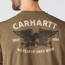 Close-up of the back of a brown Carhartt T-shirt featuring a large winged eagle graphic, Carhartt branding and “Since 1889” detailing.