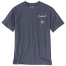 Navy Carhartt short-sleeve crew-neck T-shirt with chest pocket, logo patch and script branding, displayed on a white background.