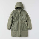 Women’s olive green Carhartt hooded parka featuring four front pockets, adjustable waist and cuffs, displayed on a light background.
