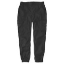Front product view of women’s black Carhartt cargo trousers with an elasticated waistband, utility pockets and gathered cuffs.