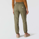 Rear view of women’s olive green Carhartt cargo trousers featuring patch pockets, side utility pockets and elasticated cuffs.