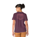 Rear view of women’s burgundy Carhartt T-shirt featuring a large tonal heart-shaped Carhartt graphic on the back.