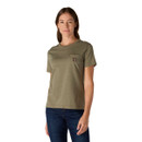 Women’s olive green Carhartt short-sleeve T-shirt with a crew neck, chest pocket and Carhartt logo patch.