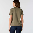 Rear view of women’s olive green Carhartt short-sleeve T-shirt showing the plain back and relaxed fit.