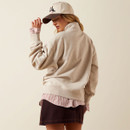 Back view showing the clean, solid heathered finish, relaxed silhouette, dropped shoulders, and ribbed hem and cuffs.
