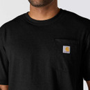 Close-up of a black Carhartt pocket T-shirt showing the crew neckline, chest pocket and signature logo patch.