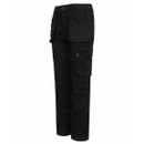 Three-quarter front view of black work trousers with spacious utility pockets, reinforced knees and practical tool storage.