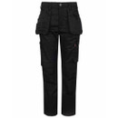 Front view of black work trousers with multiple utility pockets, reinforced knee panels, tool loops and a straight-leg fit.